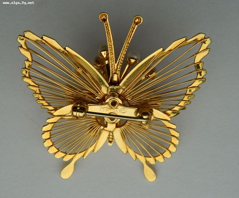 Monet Vintage Gold Faux Pearl Butterfly Brooch