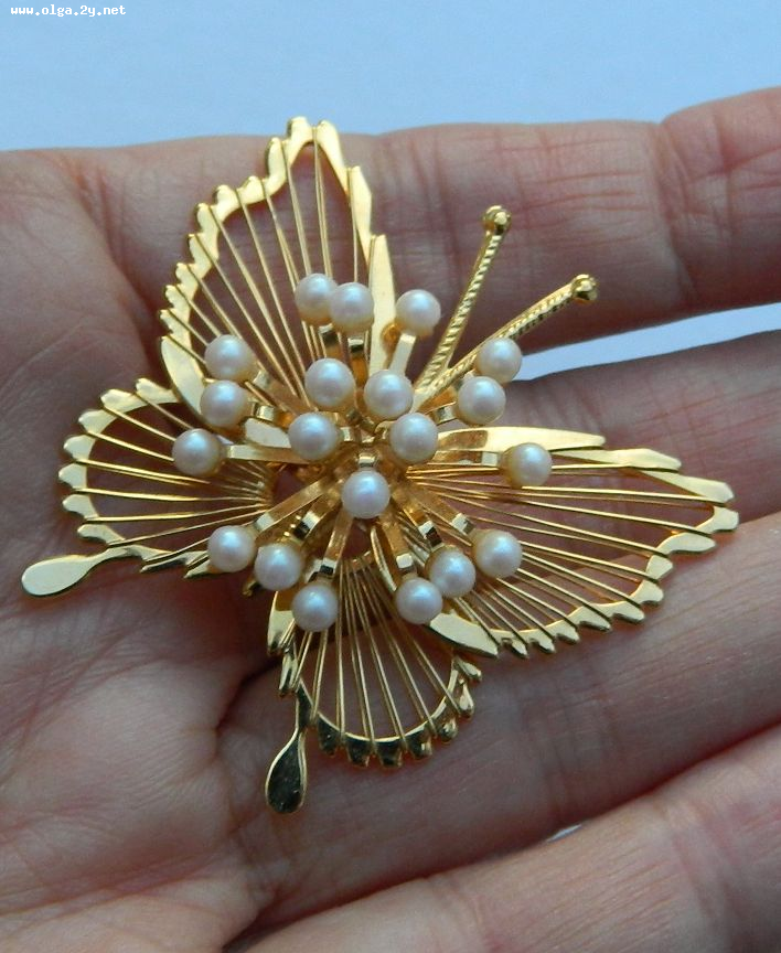 Monet Vintage Gold Faux Pearl Butterfly Brooch