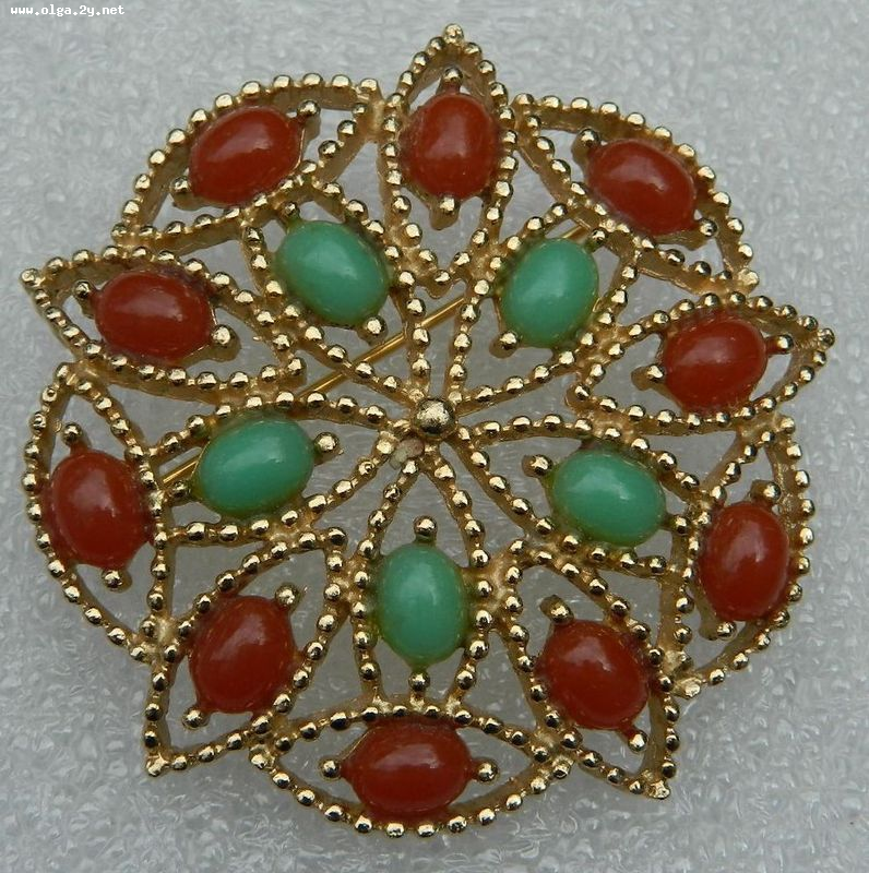 Sara Coventry Vintage Brooch , Gold Round Faux Coral and Green Cabochons, Canada