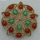 Olga Zakharova Jewellery - Brooches - Sara Coventry Vintage Brooch , Gold Round Faux Coral and Green Cabochons, Canada