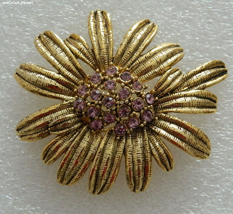Vintage Flower Big Brooch,Gold tone Petals ,Purple Rhinestones on the centre