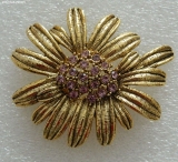 Olga Zakharova Jewellery - Brooches - Vintage Flower Big Brooch,Gold tone Petals ,Purple Rhinestones on the centre