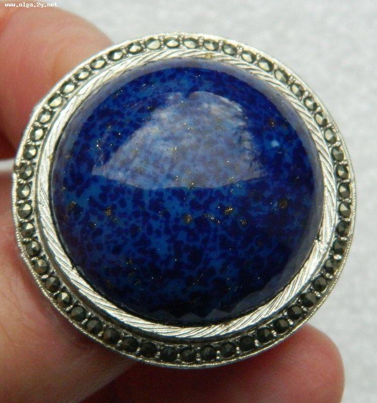 Royal BlueLapis Lapis Brooch Large Stone, Round Shap, Silver-tone Frame