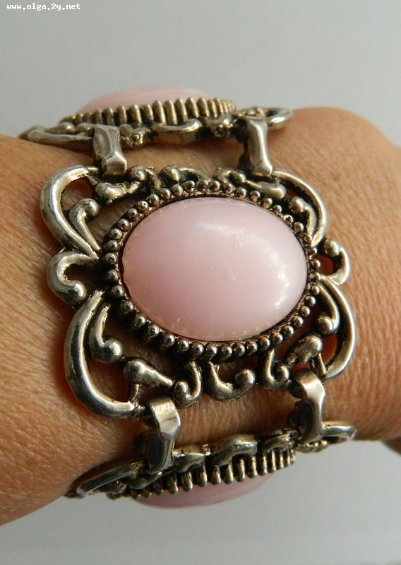 Pink  Lusite Cabochones, Silver-toned Vintage bracelet 