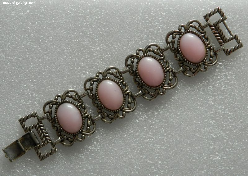 Pink  Lusite Cabochones, Silver-toned Vintage bracelet 