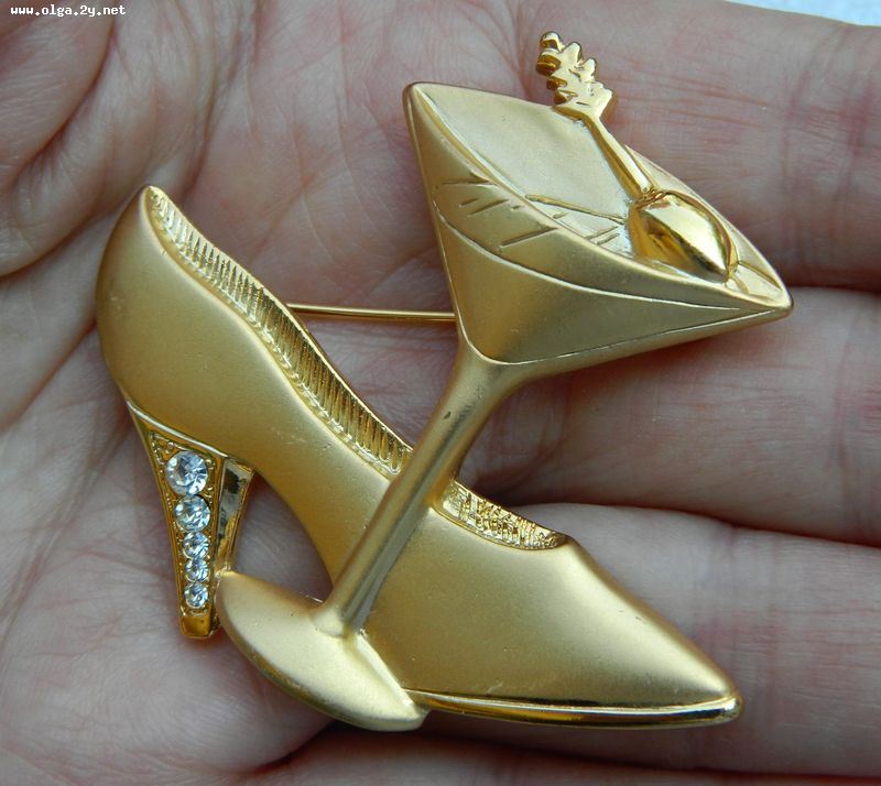 JJ Shoe and Martini Glass Brooch, Gold Tone with cleare Rhinestones