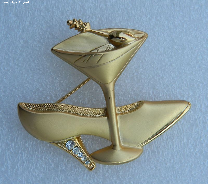 JJ Shoe and Martini Glass Brooch, Gold Tone with cleare Rhinestones