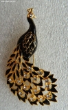 Olga Zakharova Jewellery - Brooches - Peacock Brooch, Black Enameled, Gold Toned, with Rhinestones, Similar to Giovanni