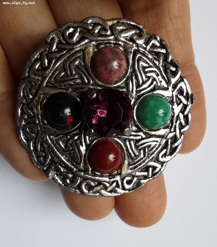 Miracle Scotish Celtic Brooch with Purple Faceted Glass ,Fore Faux Multi-Color Agat Cabochons