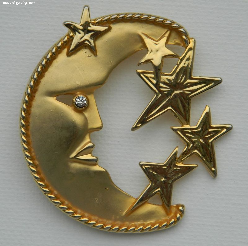 Park Lane Brooch Crescent Moon Face with 5 stars  and Rhinestone Eye