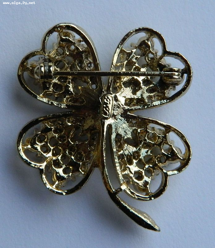 Coro Four Leaf Clover Brooch, Gold Tone ,Green Rhinestones