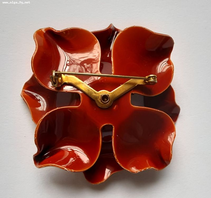 Red Orange Enamel Flower Brooch with Rhenestones