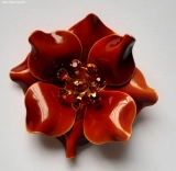 Olga Zakharova Jewellery - Brooches - Red Orange Enamel Flower Brooch with Rhenestones