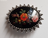 Olga Zakharova Jewellery - Brooches - Sarah, Canada brooch, handpaind flowers on black enamel oval shape